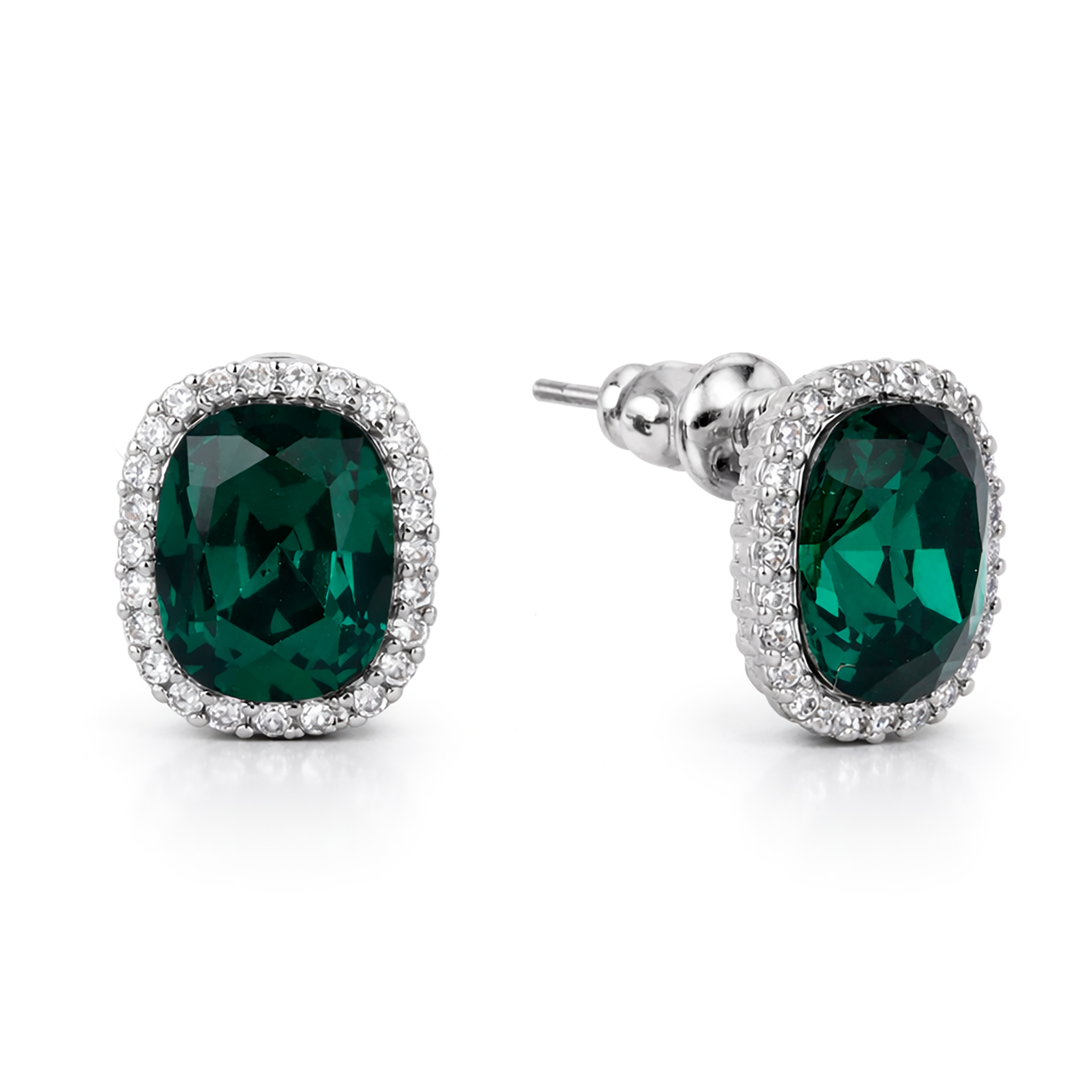 Halo Cushion-Cut Stud Earrings - Emerald Green