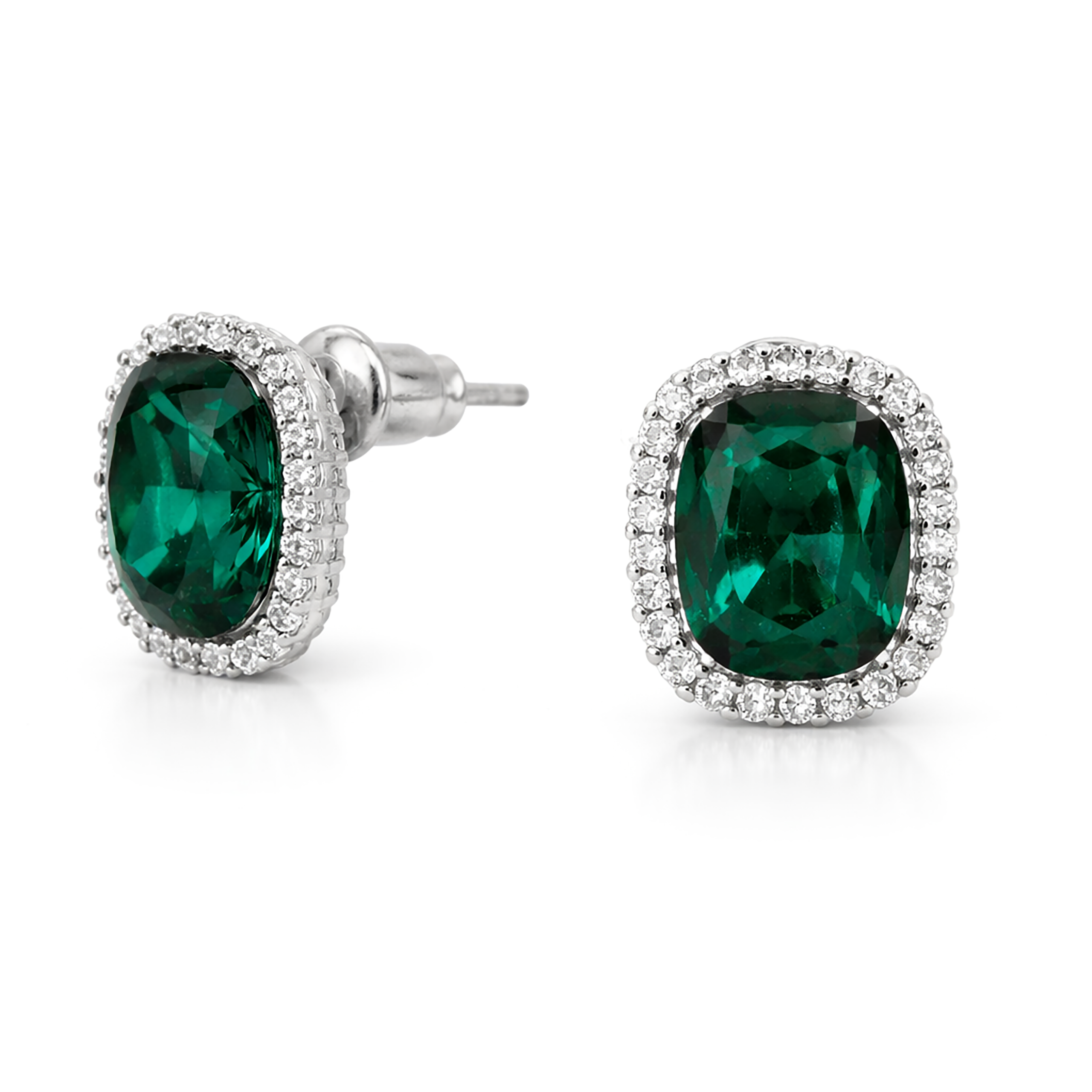 Halo Cushion-Cut Stud Earrings - Emerald Green