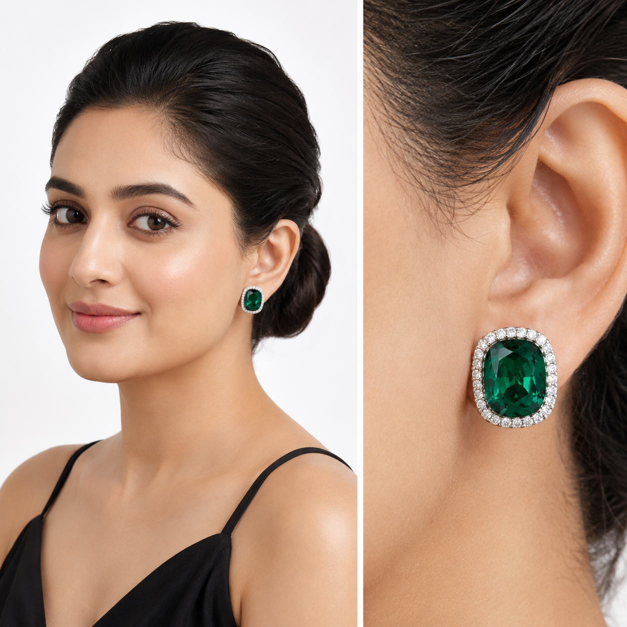 Halo Cushion-Cut Stud Earrings - Emerald Green