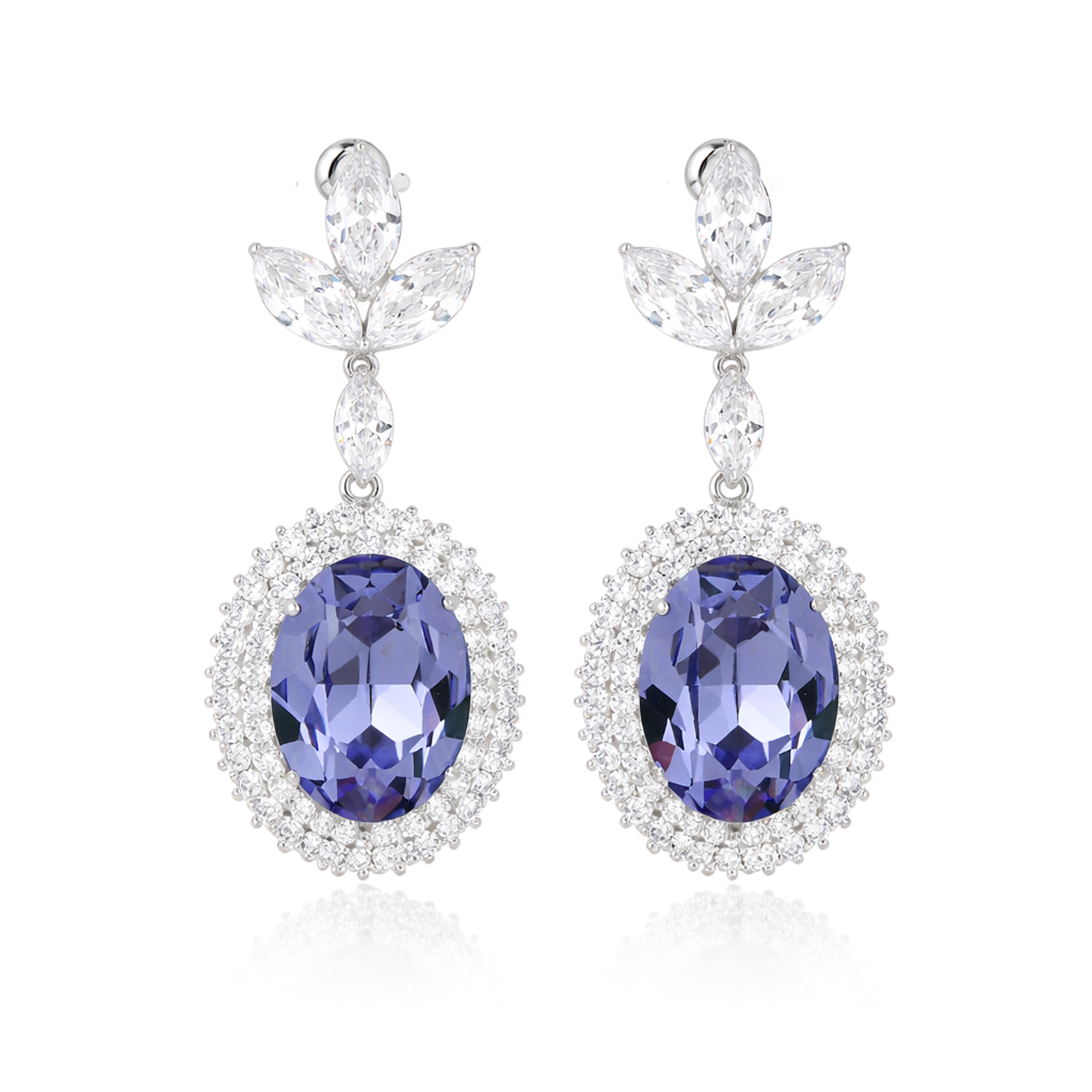 Oval Halo Drop Earrings with Leaf Cluster Top - Amethyst