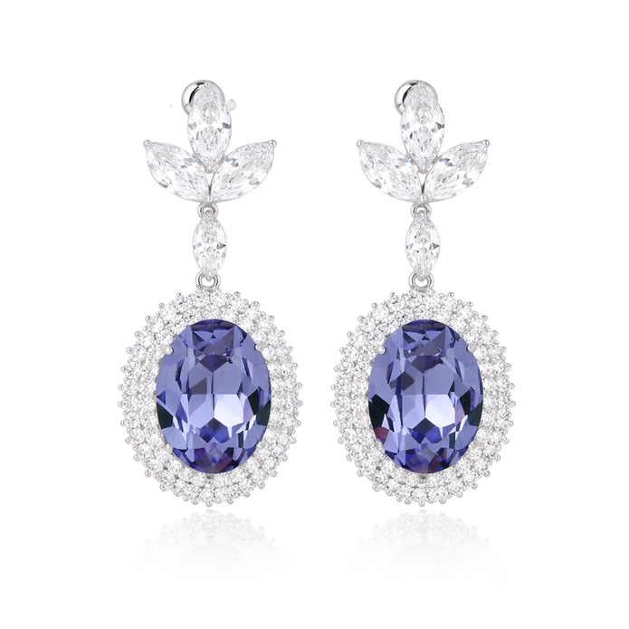 Oval Halo Drop Earrings with Leaf Cluster Top - Amethyst
