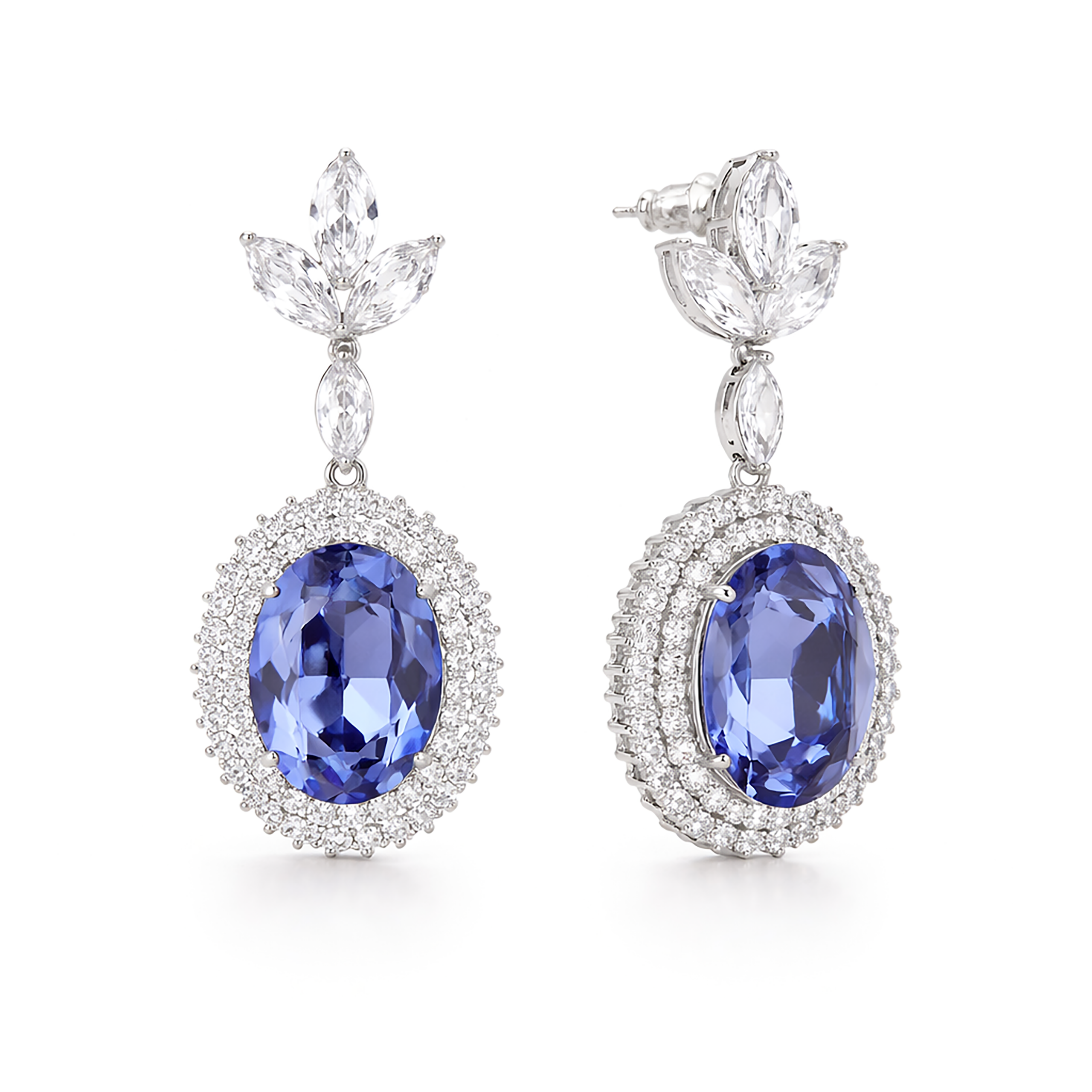 Oval Halo Drop Earrings with Leaf Cluster Top - Amethyst