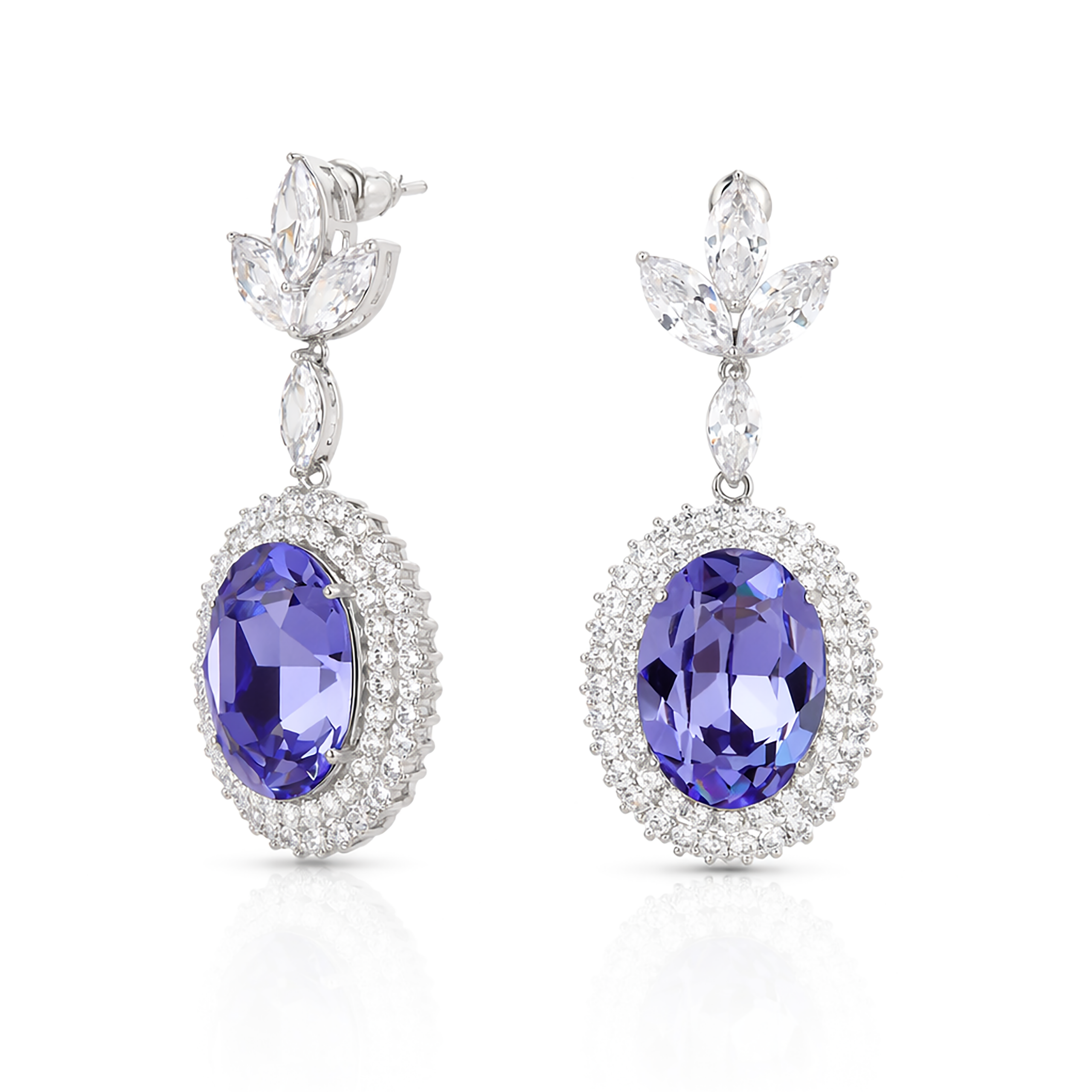 Oval Halo Drop Earrings with Leaf Cluster Top - Amethyst