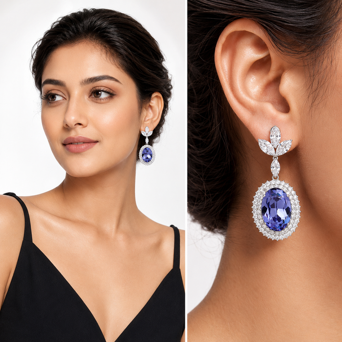 Oval Halo Drop Earrings with Leaf Cluster Top - Amethyst