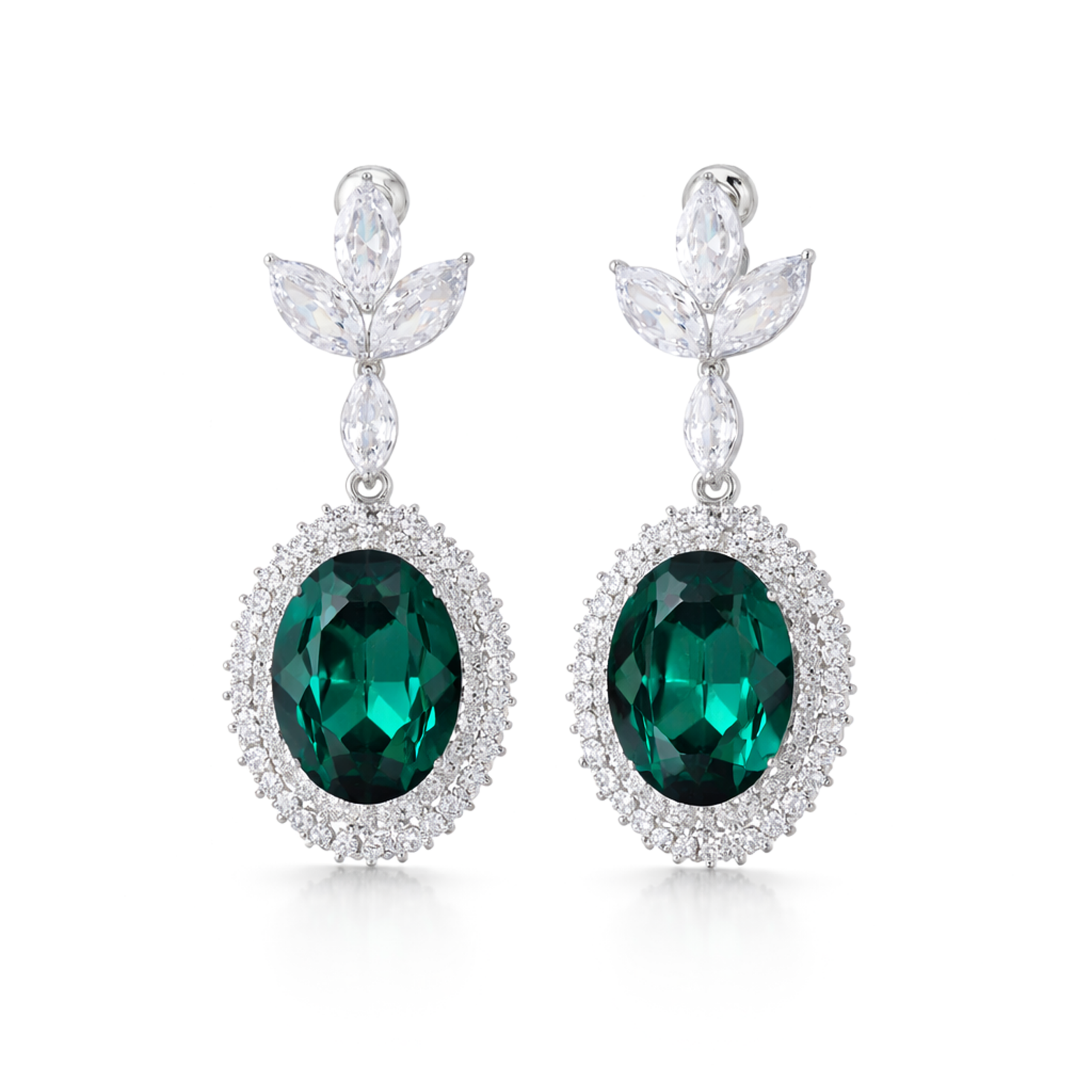 Oval Halo Drop Earrings with Leaf Cluster Top - Emerald Green