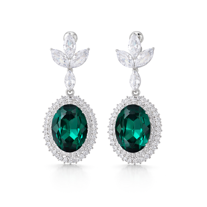 Oval Halo Drop Earrings with Leaf Cluster Top - Emerald Green