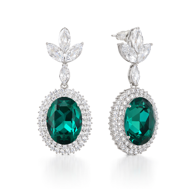 Oval Halo Drop Earrings with Leaf Cluster Top - Emerald Green
