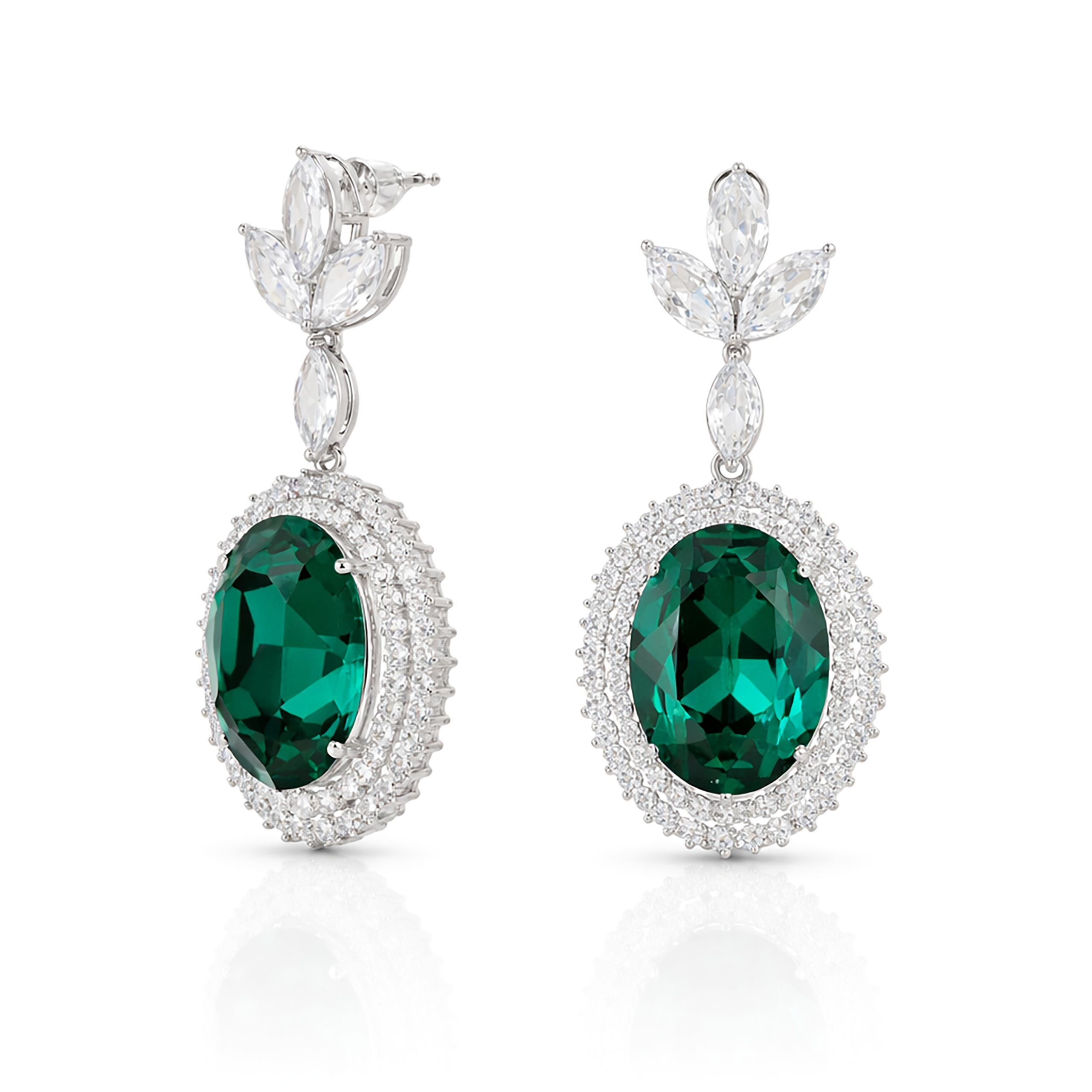 Oval Halo Drop Earrings with Leaf Cluster Top - Emerald Green