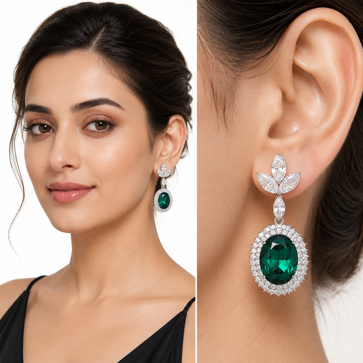Oval Halo Drop Earrings with Leaf Cluster Top - Emerald Green