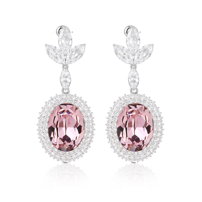 Oval Halo Drop Earrings with Leaf Cluster Top - Rose pink
