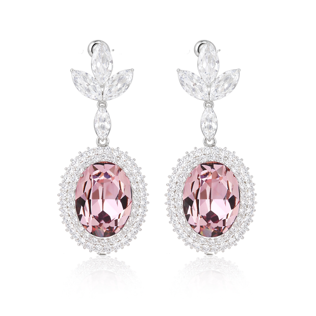 Oval Halo Drop Earrings with Leaf Cluster Top - Rose pink