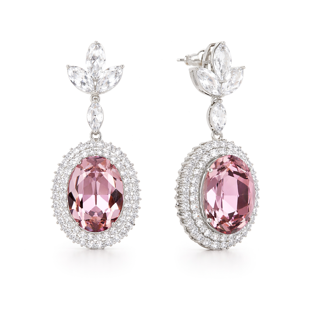 Oval Halo Drop Earrings with Leaf Cluster Top - Rose pink