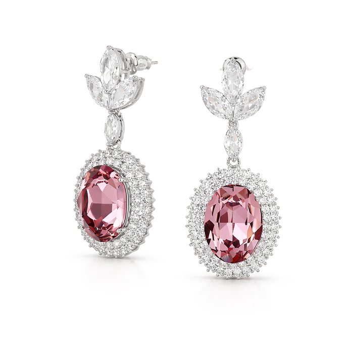 Oval Halo Drop Earrings with Leaf Cluster Top - Rose pink