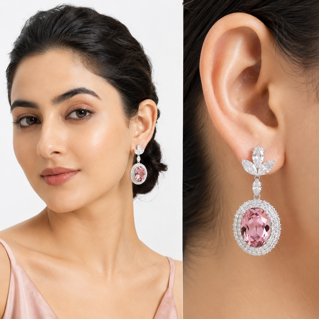 Oval Halo Drop Earrings with Leaf Cluster Top - Rose pink