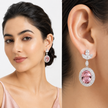 Oval Halo Drop Earrings with Leaf Cluster Top - Rose pink