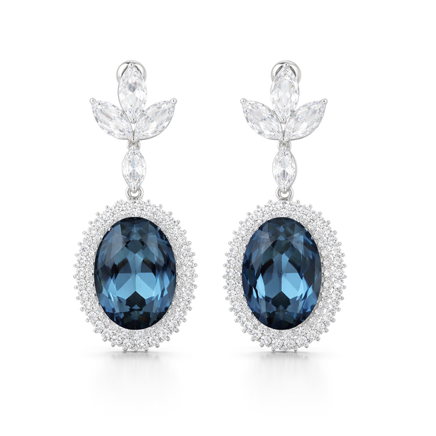 Oval Halo Drop Earrings with Leaf Cluster Top - Deep Blue