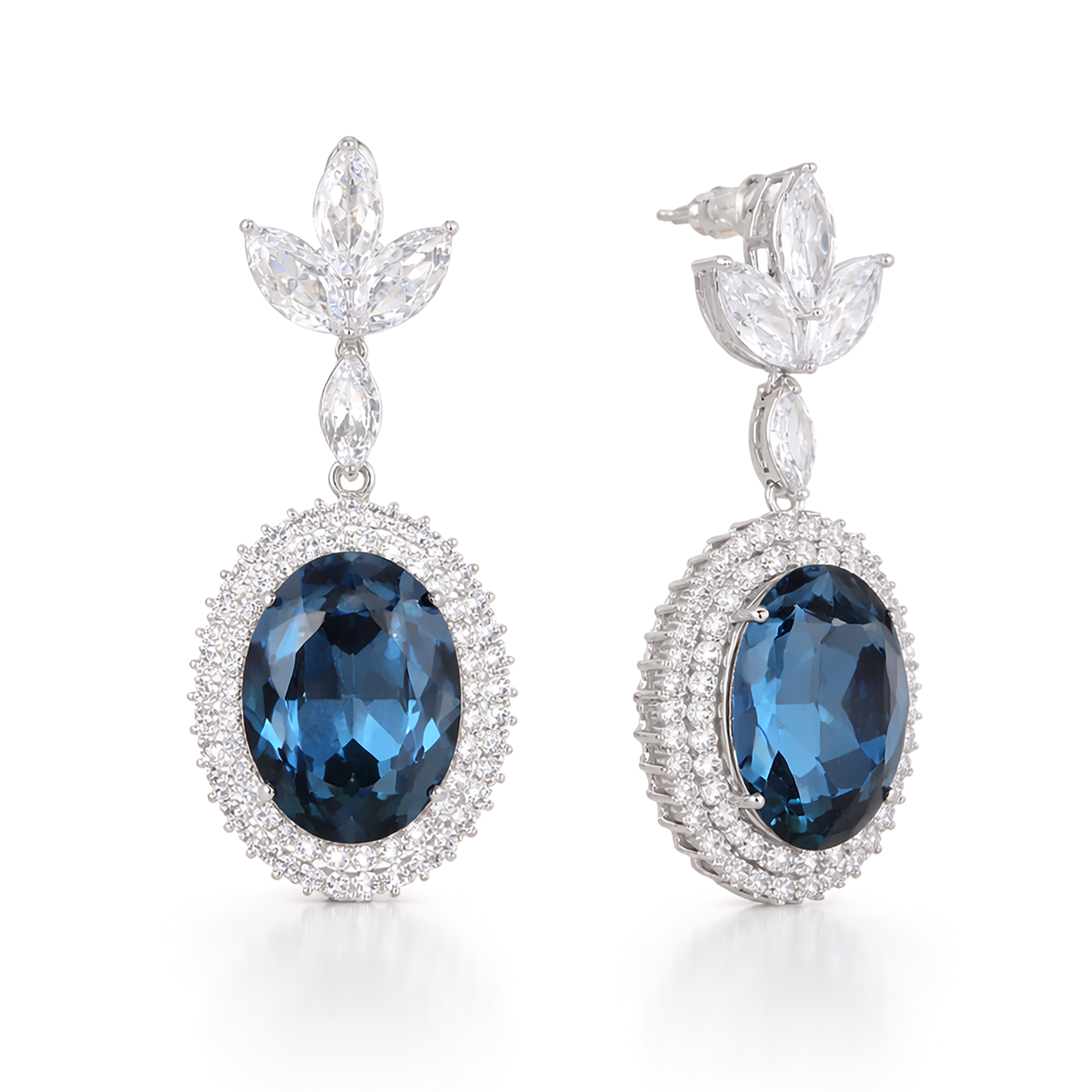 Oval Halo Drop Earrings with Leaf Cluster Top - Deep Blue