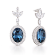 Oval Halo Drop Earrings with Leaf Cluster Top - Deep Blue