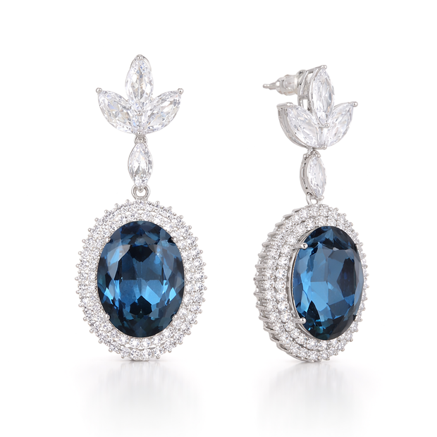 Oval Halo Drop Earrings with Leaf Cluster Top - Deep Blue