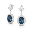 Oval Halo Drop Earrings with Leaf Cluster Top - Deep Blue