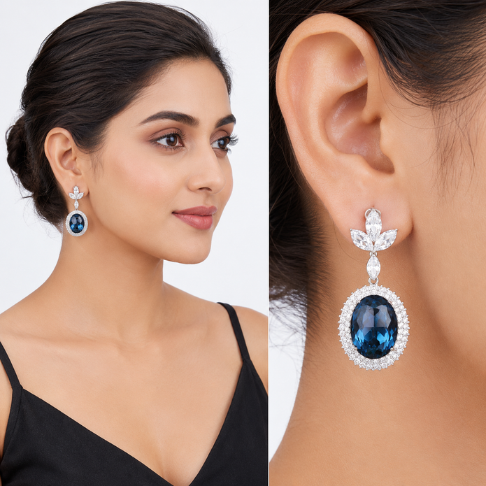 Oval Halo Drop Earrings with Leaf Cluster Top - Deep Blue