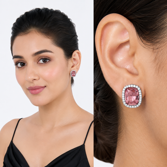 Halo Cushion-Cut Stud Earrings - Rose pink