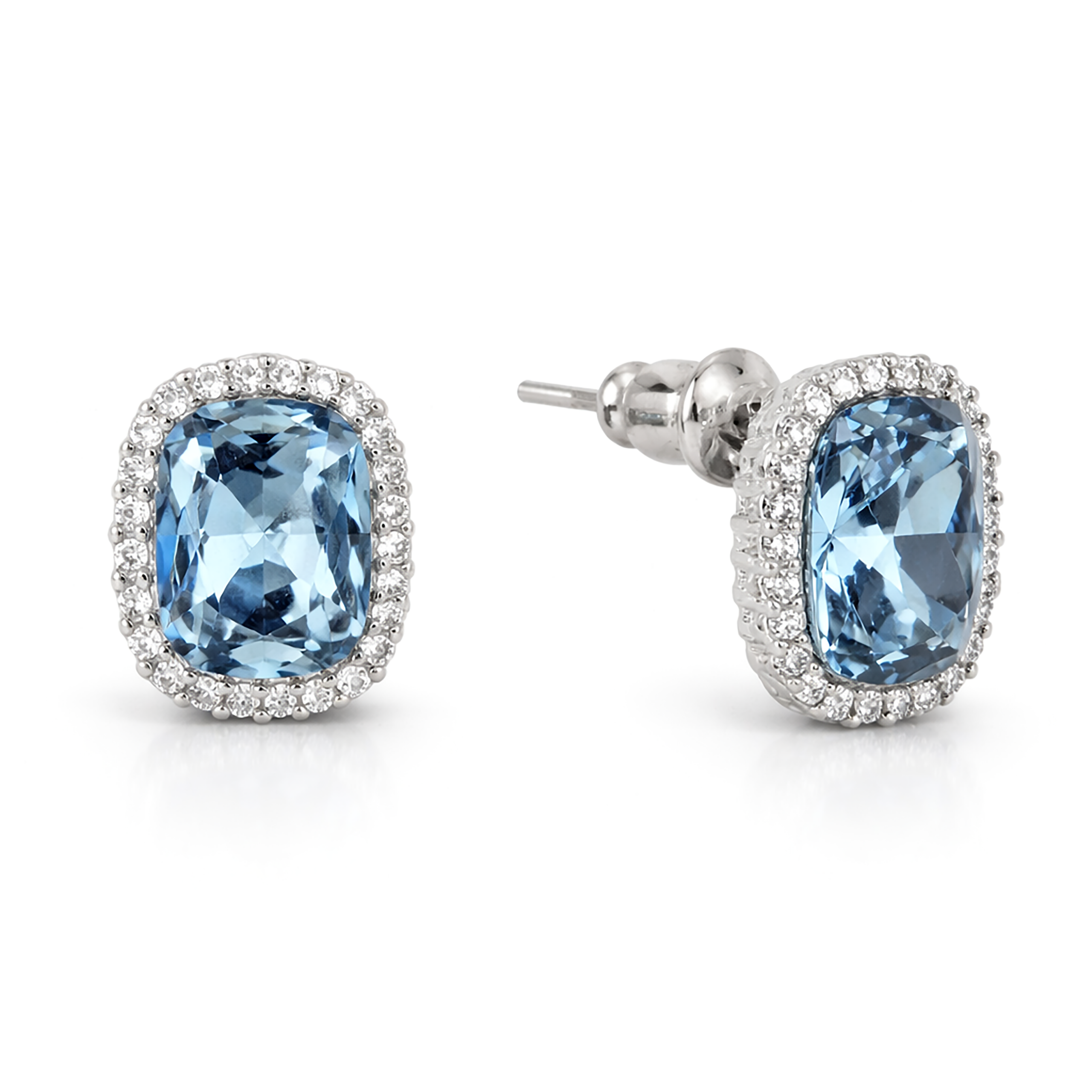 Halo Cushion-Cut Stud Earrings - Aqua Blue