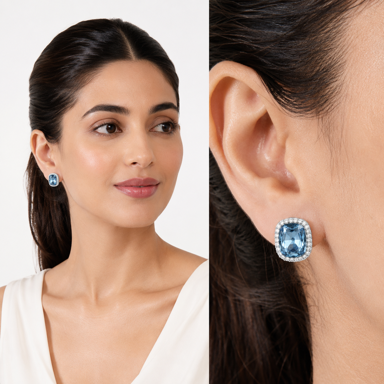 Halo Cushion-Cut Stud Earrings - Aqua Blue