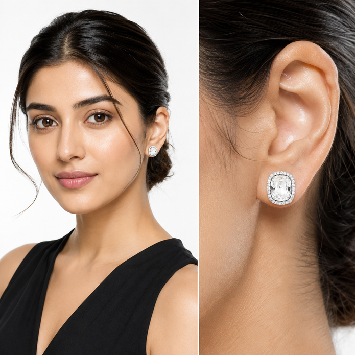 Halo Cushion-Cut Stud Earrings - Clear