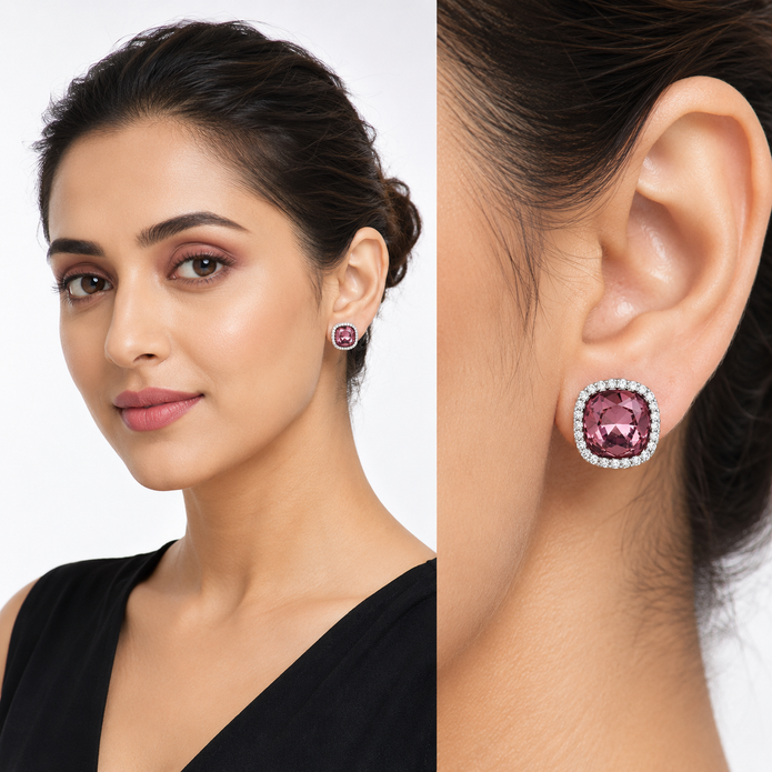 Petite Cushion Halo Stud Earrings - Burgundy