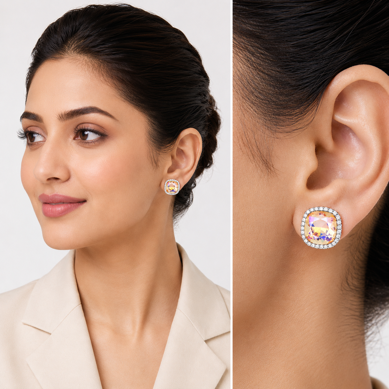 Petite Cushion Halo Stud Earrings - Aurora