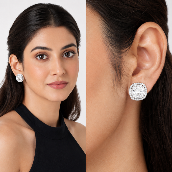 Petite Cushion Halo Stud Earrings - Clear