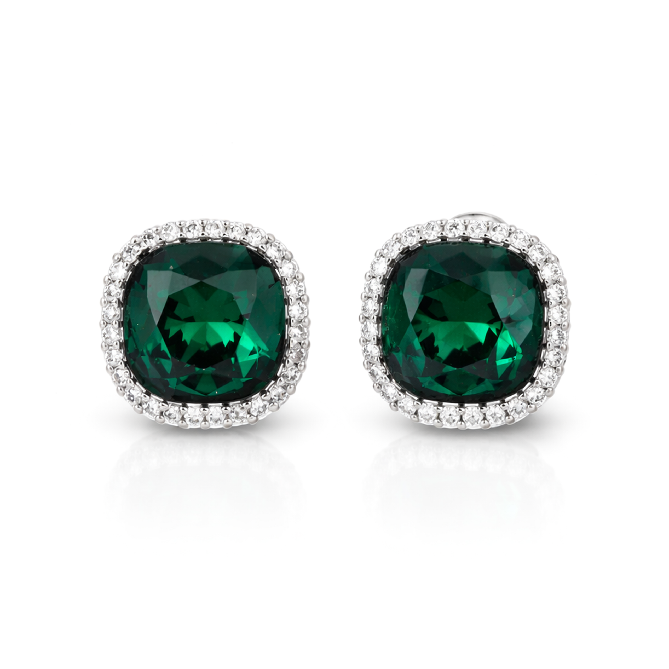 Petite Cushion Halo Stud Earrings - Emerald Green