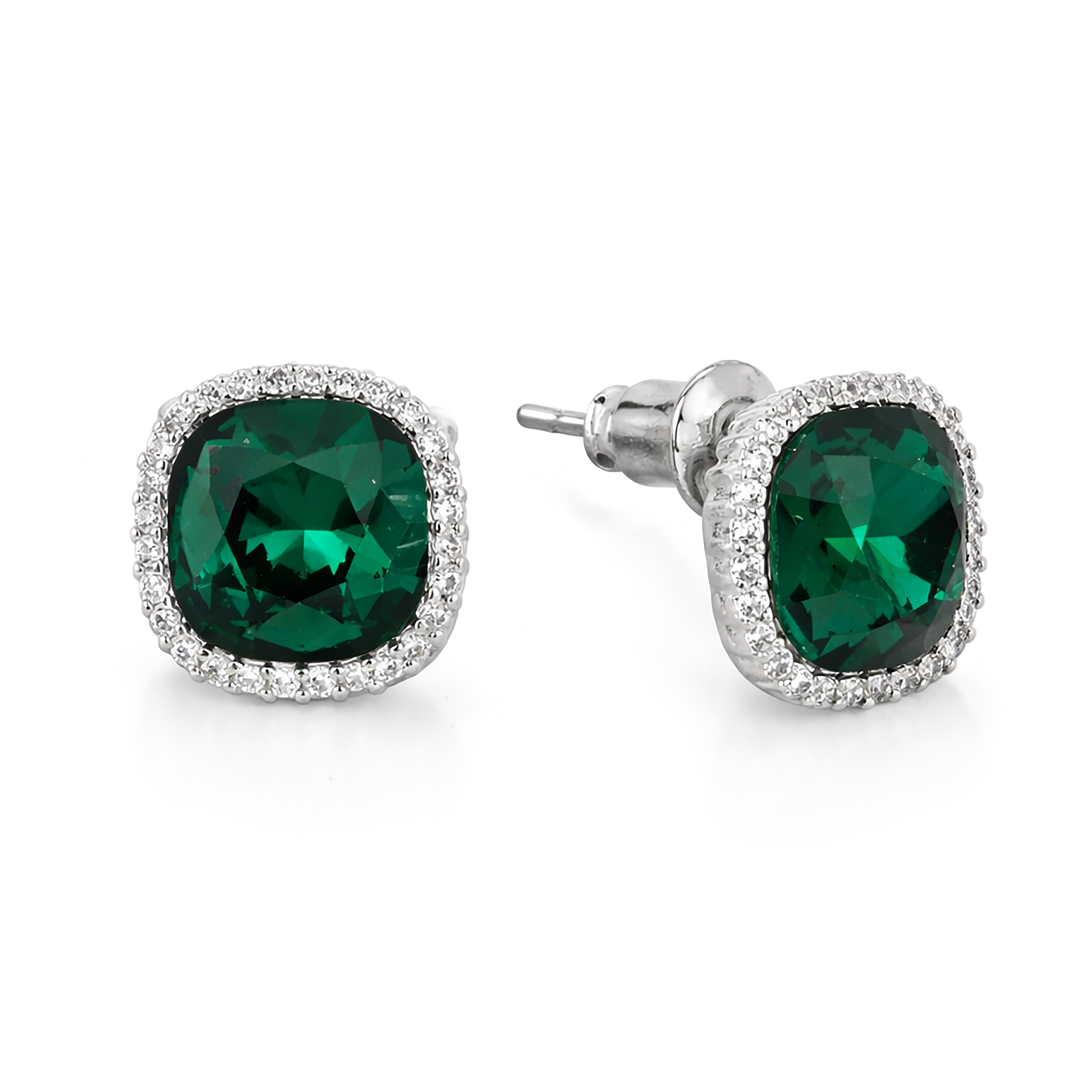 Petite Cushion Halo Stud Earrings - Emerald Green