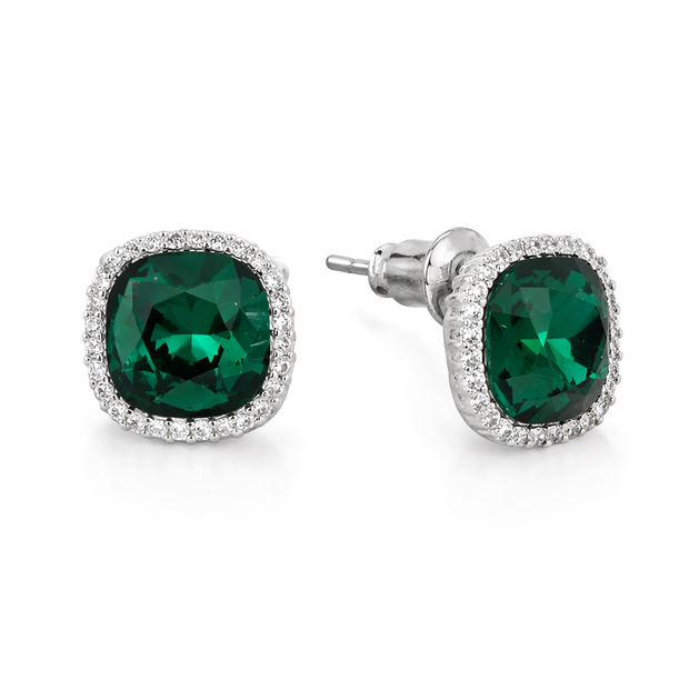 Petite Cushion Halo Stud Earrings - Emerald Green