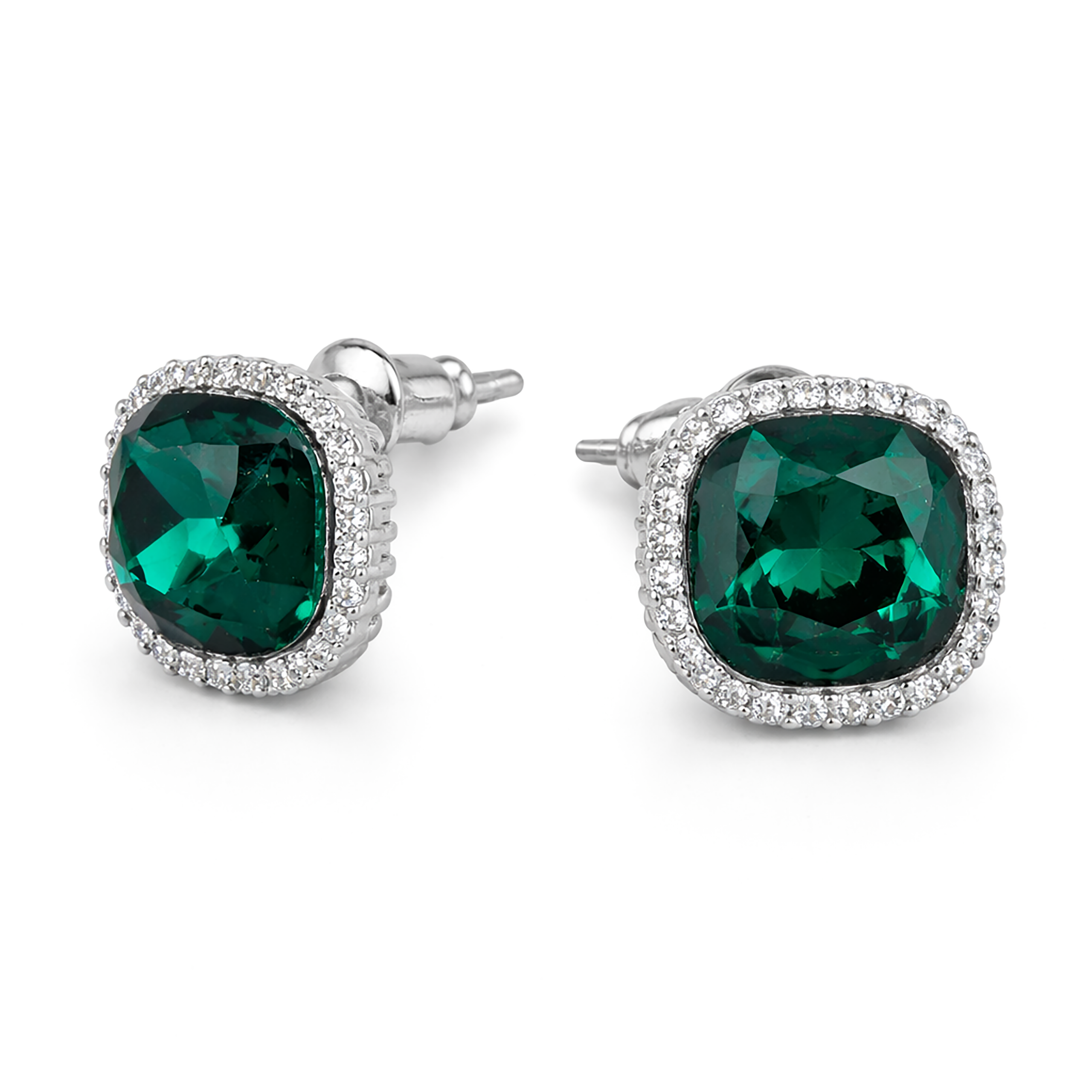 Petite Cushion Halo Stud Earrings - Emerald Green