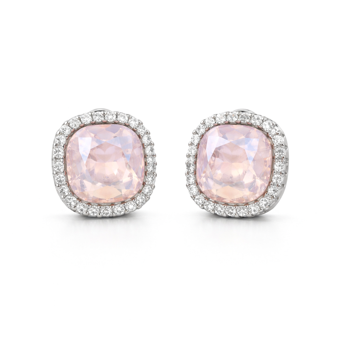 Petite Cushion Halo Stud Earrings - Rose Quartz