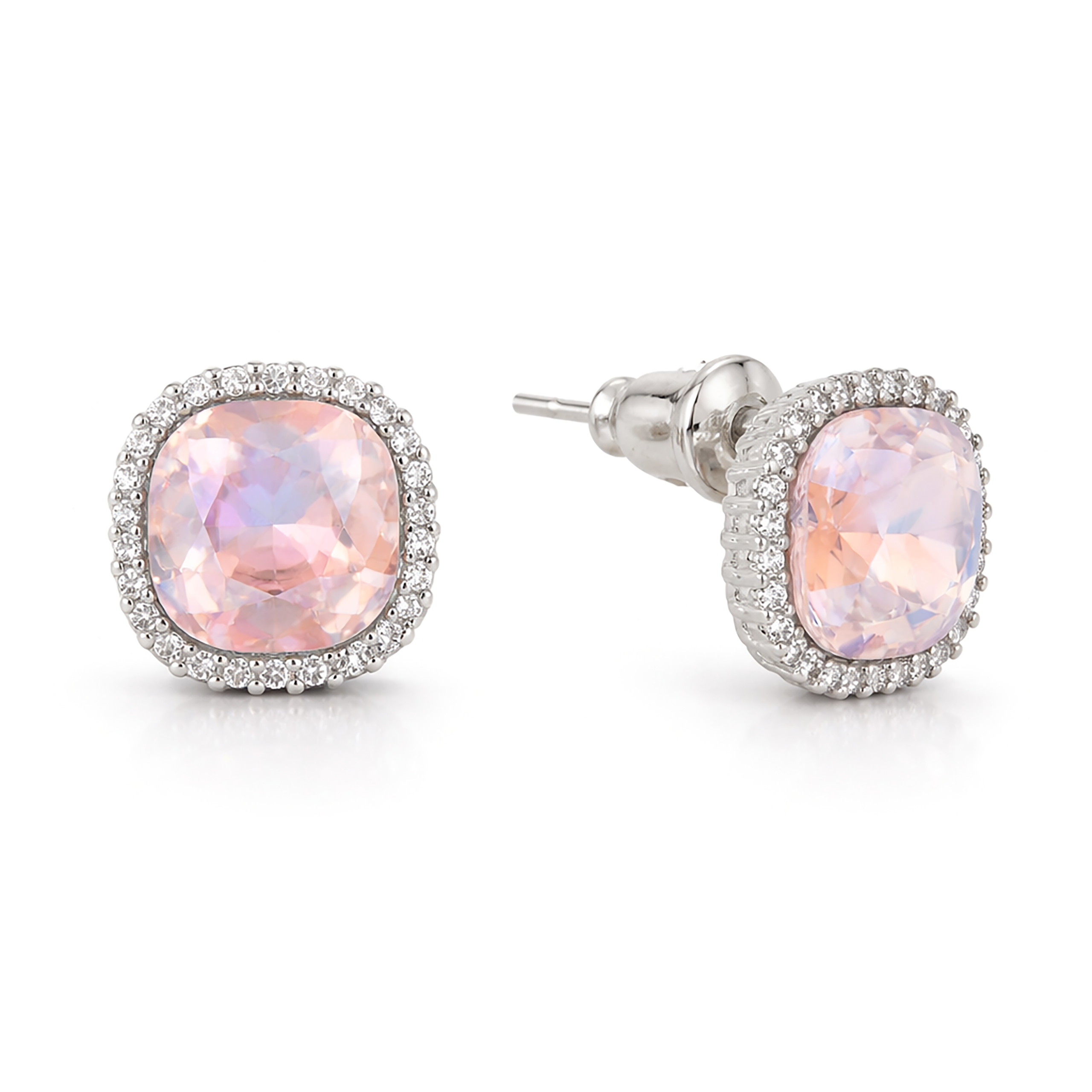 Petite Cushion Halo Stud Earrings - Rose Quartz