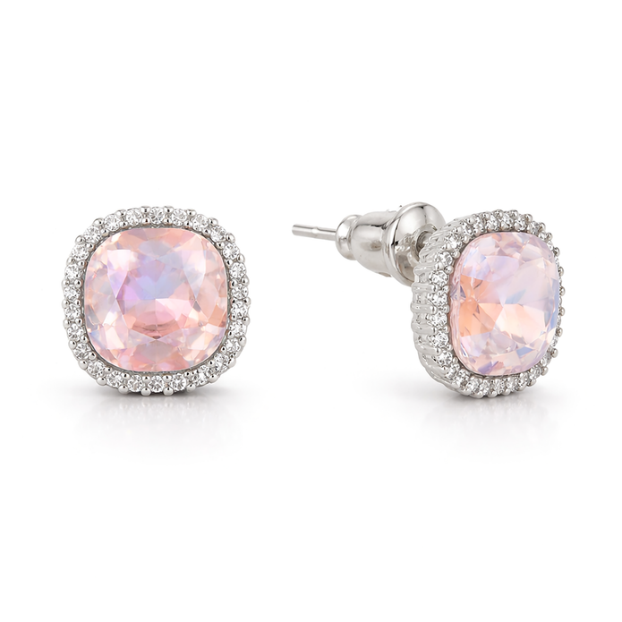 Petite Cushion Halo Stud Earrings - Rose Quartz