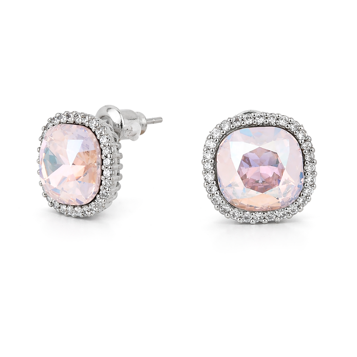 Petite Cushion Halo Stud Earrings - Rose Quartz