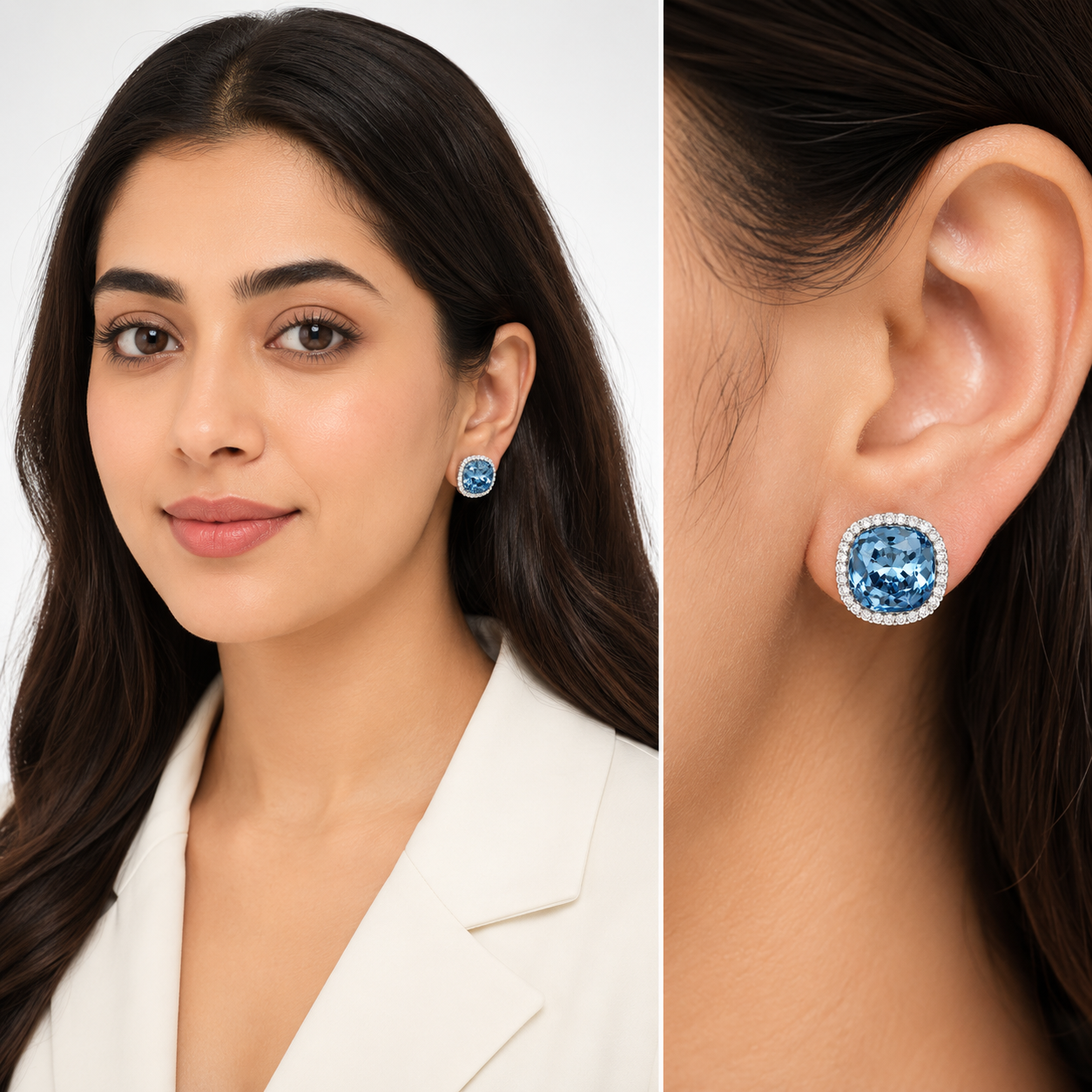 Petite Cushion Halo Stud Earrings - Aqua Blue