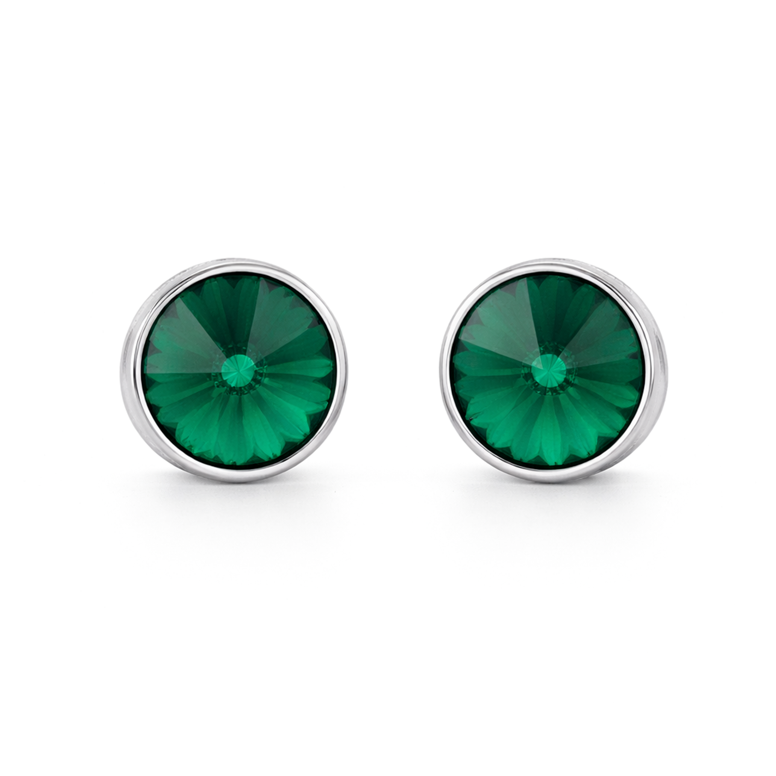 Round Rivoli Bezel Stud Earrings - Emerald Green