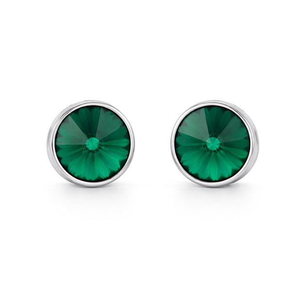 Round Rivoli Bezel Stud Earrings - Emerald Green
