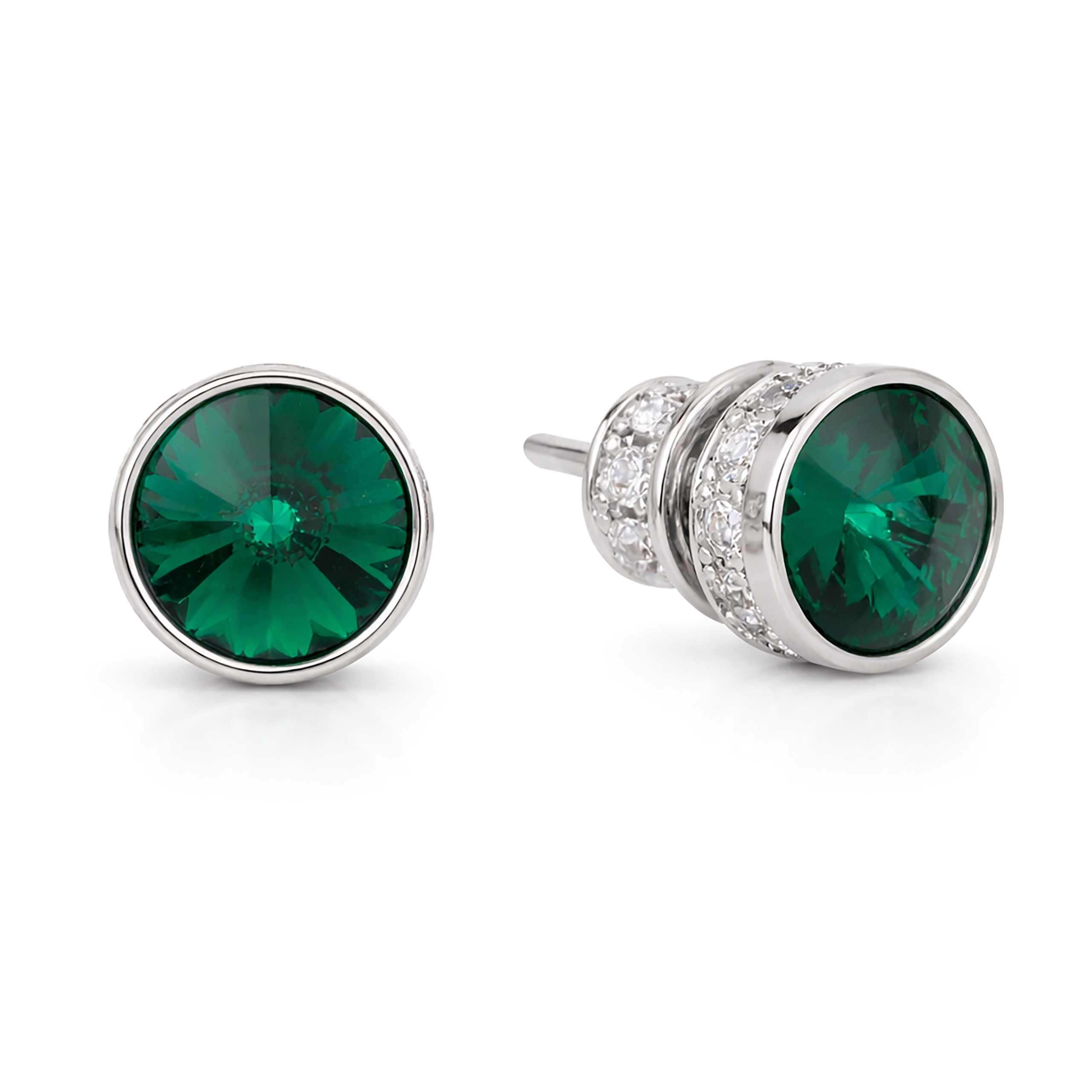 Round Rivoli Bezel Stud Earrings - Emerald Green