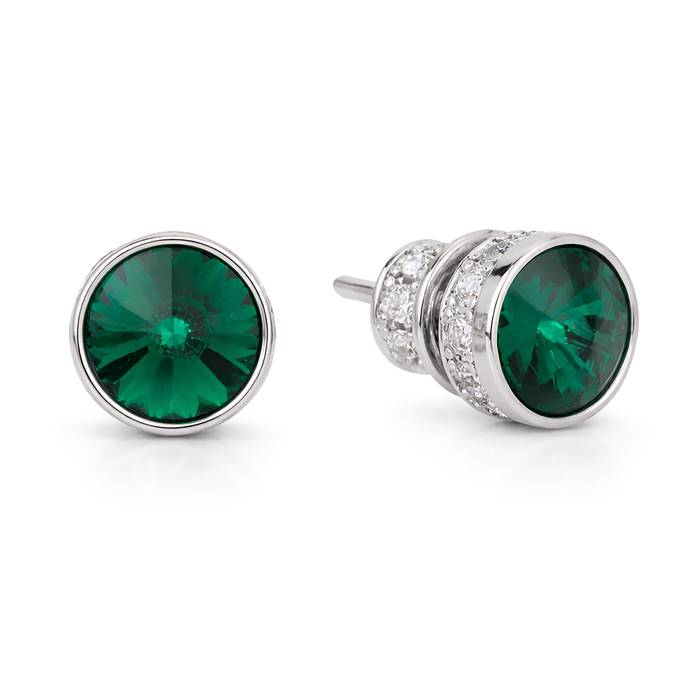 Round Rivoli Bezel Stud Earrings - Emerald Green