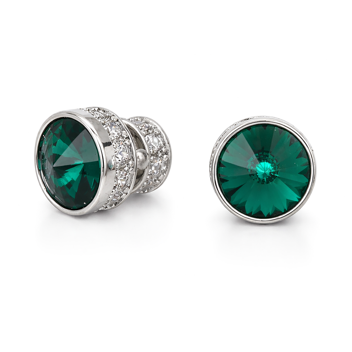 Round Rivoli Bezel Stud Earrings - Emerald Green