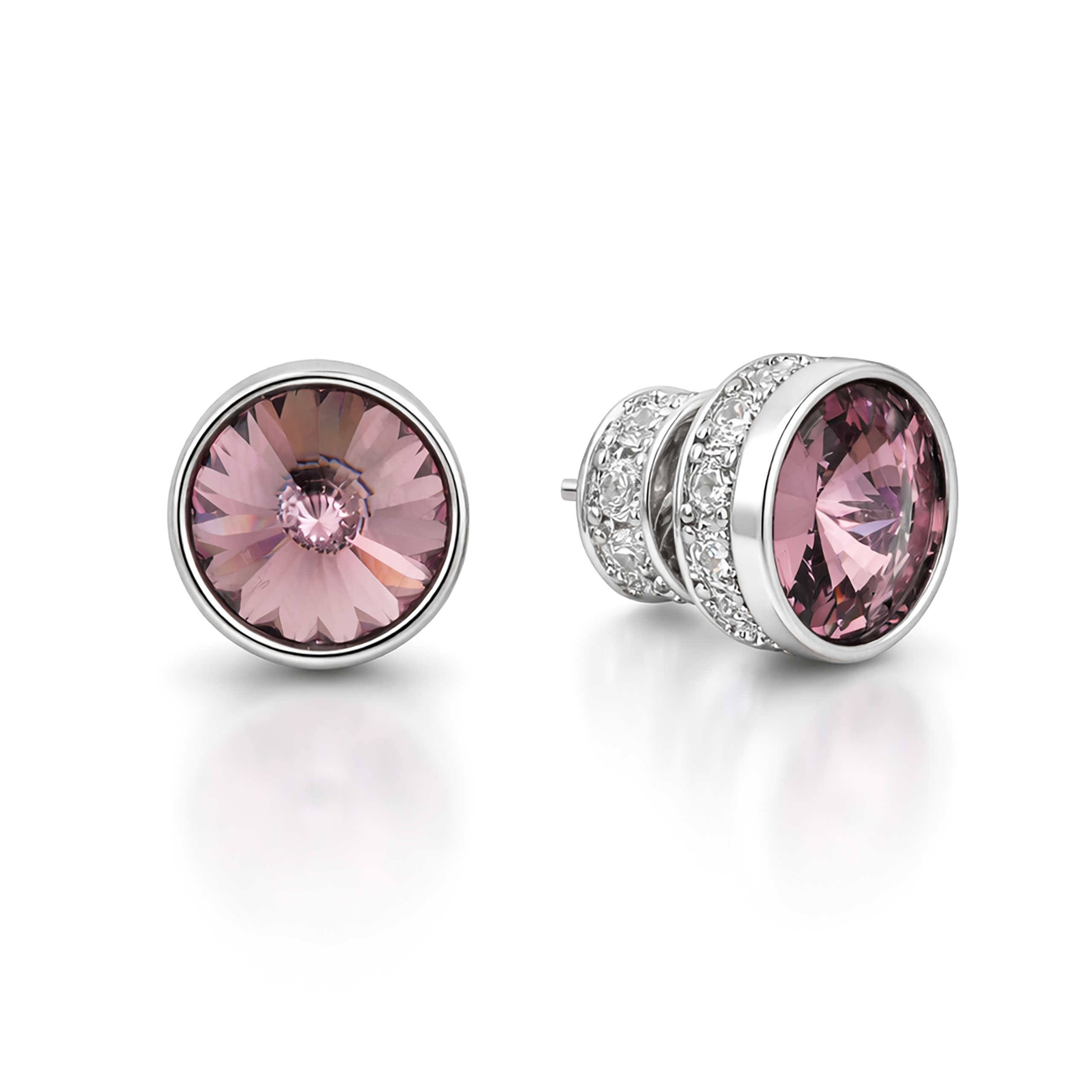 Round Rivoli Bezel Stud Earrings - Rose pink