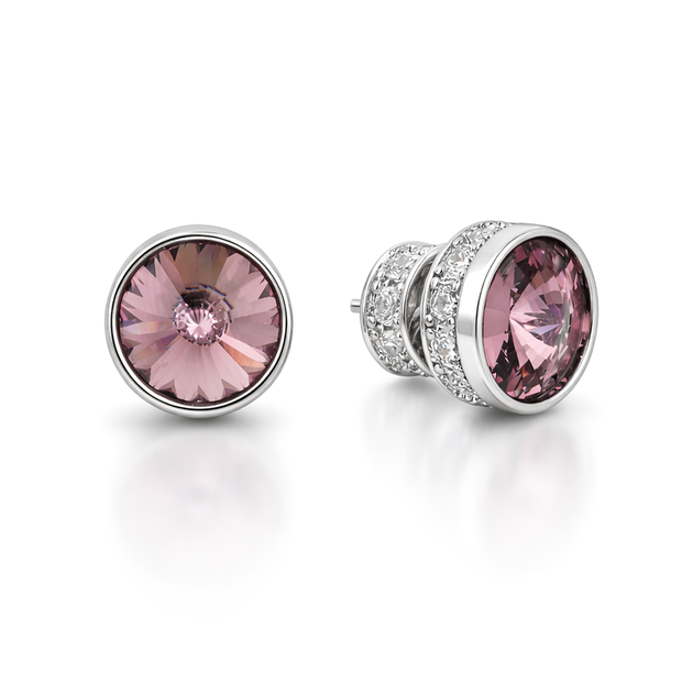 Round Rivoli Bezel Stud Earrings - Rose pink