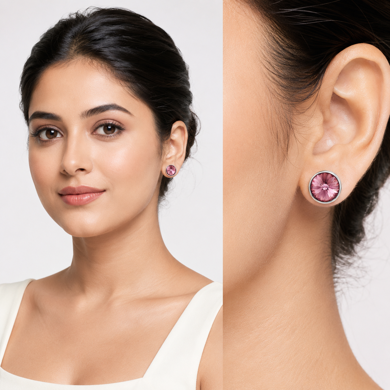 Round Rivoli Bezel Stud Earrings - Rose pink