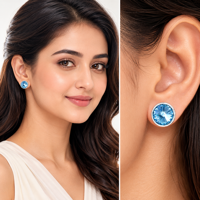 Round Rivoli Bezel Stud Earrings - Aqua Blue